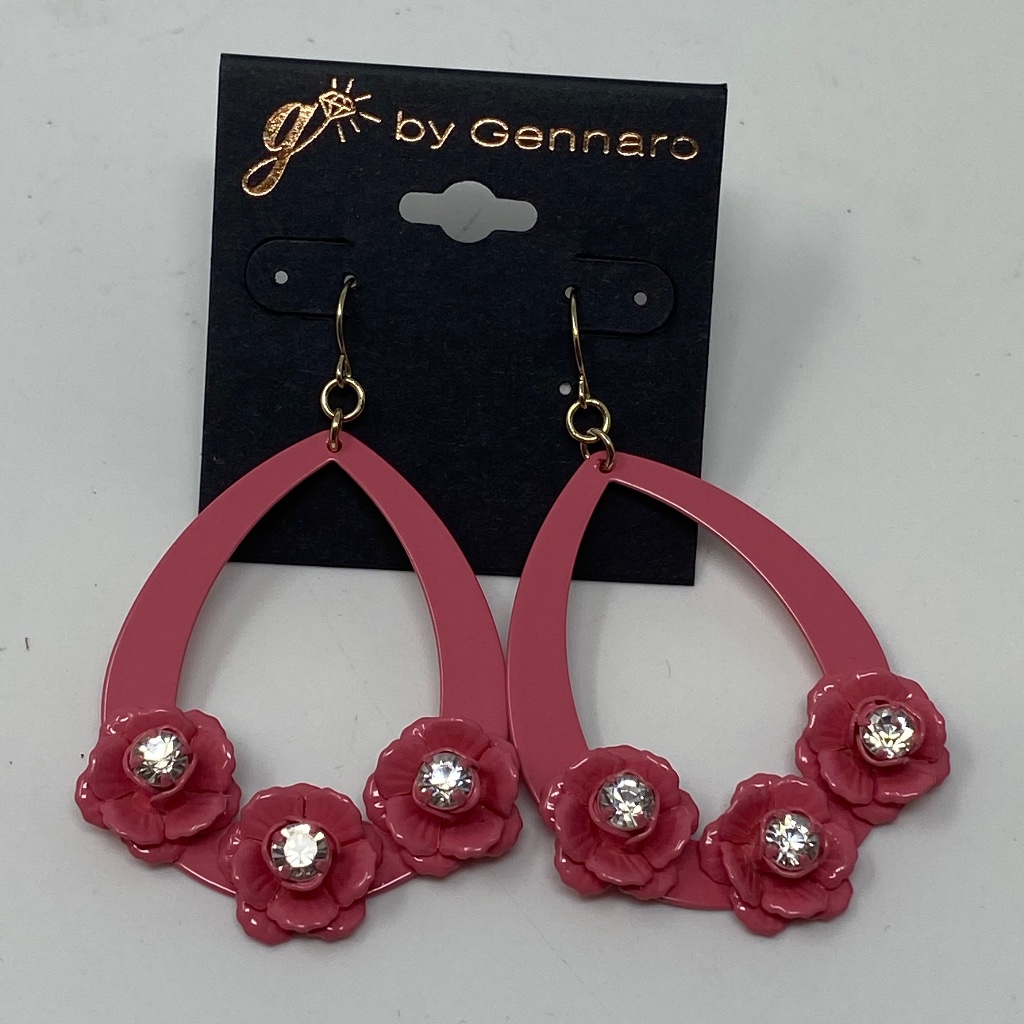 G By Gennaro Womens Dangle Hook Earrings Pink Metal With Flowers Clear Crystals